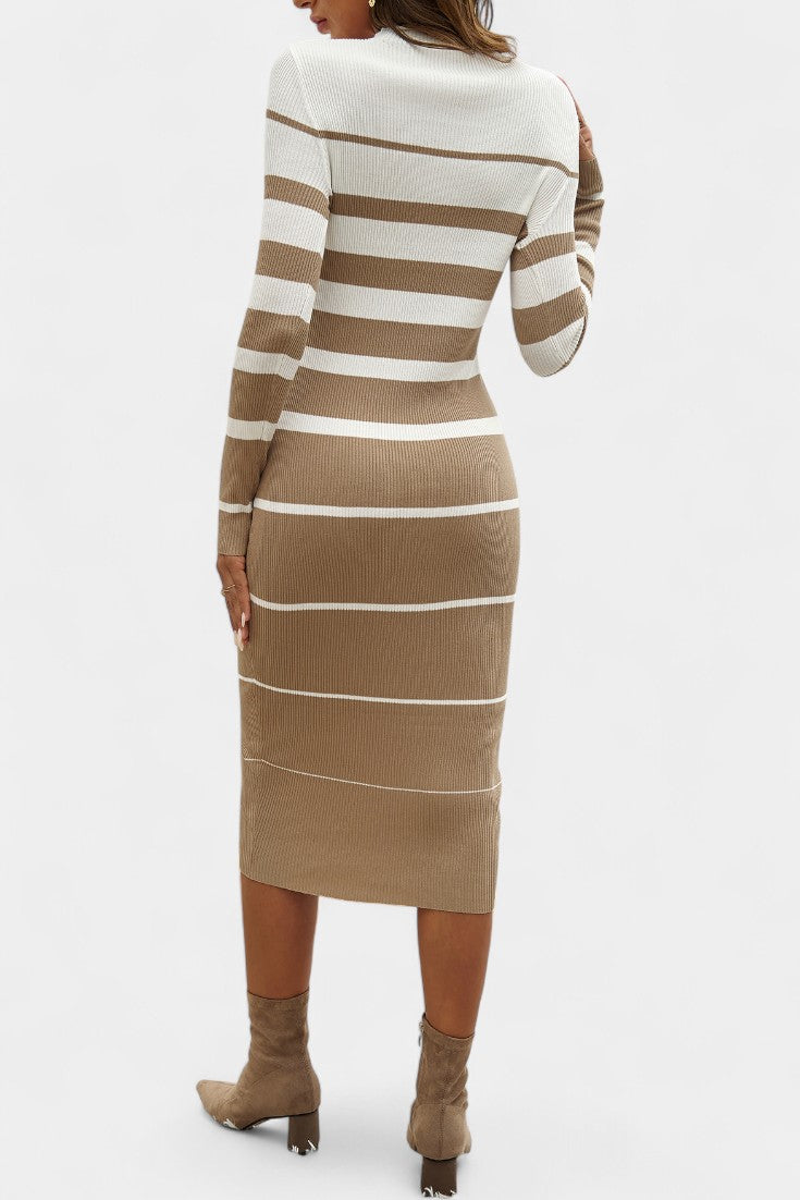 Azelyne Robe Pull Midi Tricotée à Rayures et Coupe Ajustée