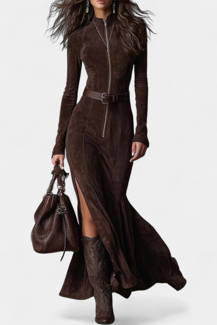 Perrine Robe Maxi Vintage Marron avec Fermeture Éclair et Ceinture