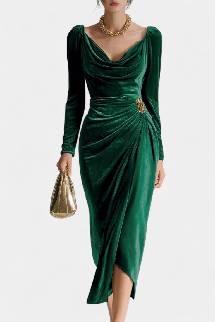 Chérane Robe Midi en Velours à Décolleté Froncé et Jupe Tulipe
