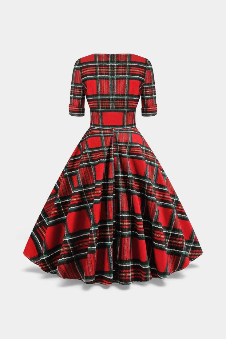 Véra Robe Midi Évasée à Imprimé Plaid et Décolleté V Festif