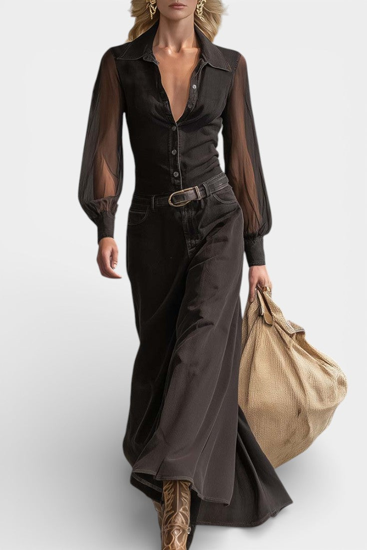Placidia Robe Longue en Denim Noir à Boutons