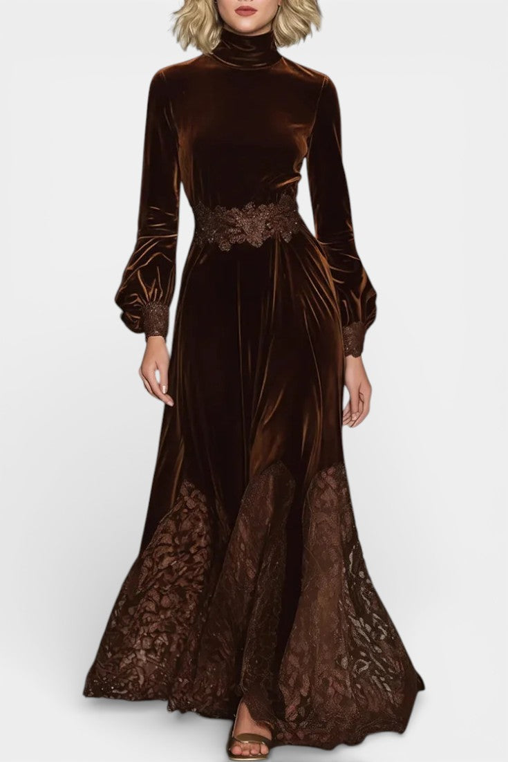 Ravella Robe Maxi en Velours à Dentelle et Manches Bouffantes