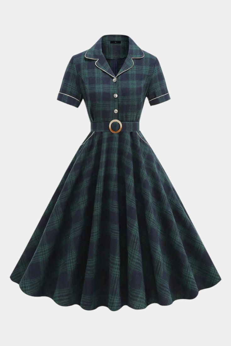 Lylas Robe Midi Vintage à Carreaux avec Revers Tailleur, Poches et Ceinture