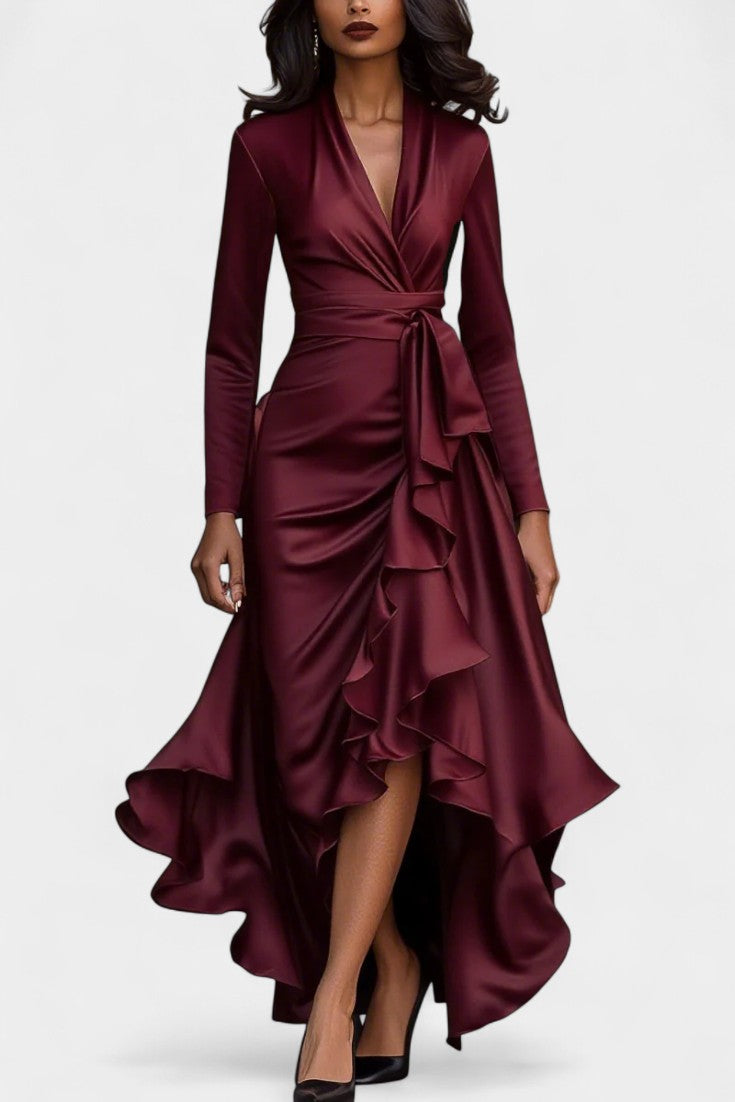 Isabeau Robe en Satin à Ourlet Volanté et Ceinture Ajustable