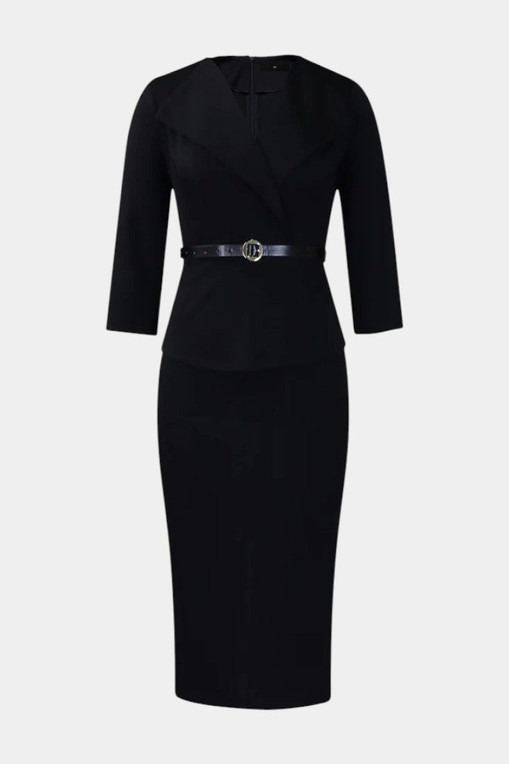 Ysabela Robe Midi Ajustée à Col à Revers et Ceinture