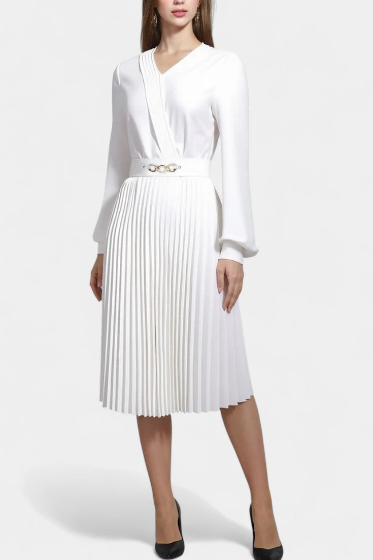 Lucie Robe Midi Plissée à Manches Longues et Ceinture