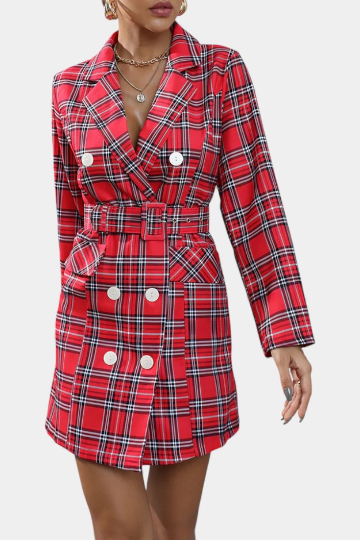 Maddy Robe Tailleur à Carreaux Pied-de-Poule avec Revers et Ceinture