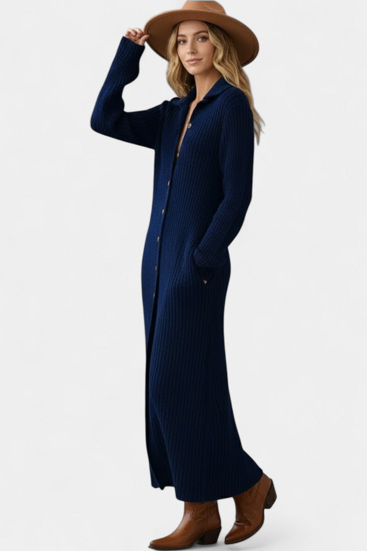Thea Robe Longue en Maille à Col Chemise