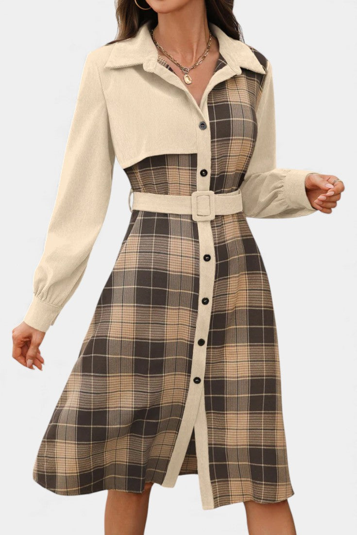 Naïla Robe Chemise Mi-Longue à Carreaux Patchwork Ceinturée