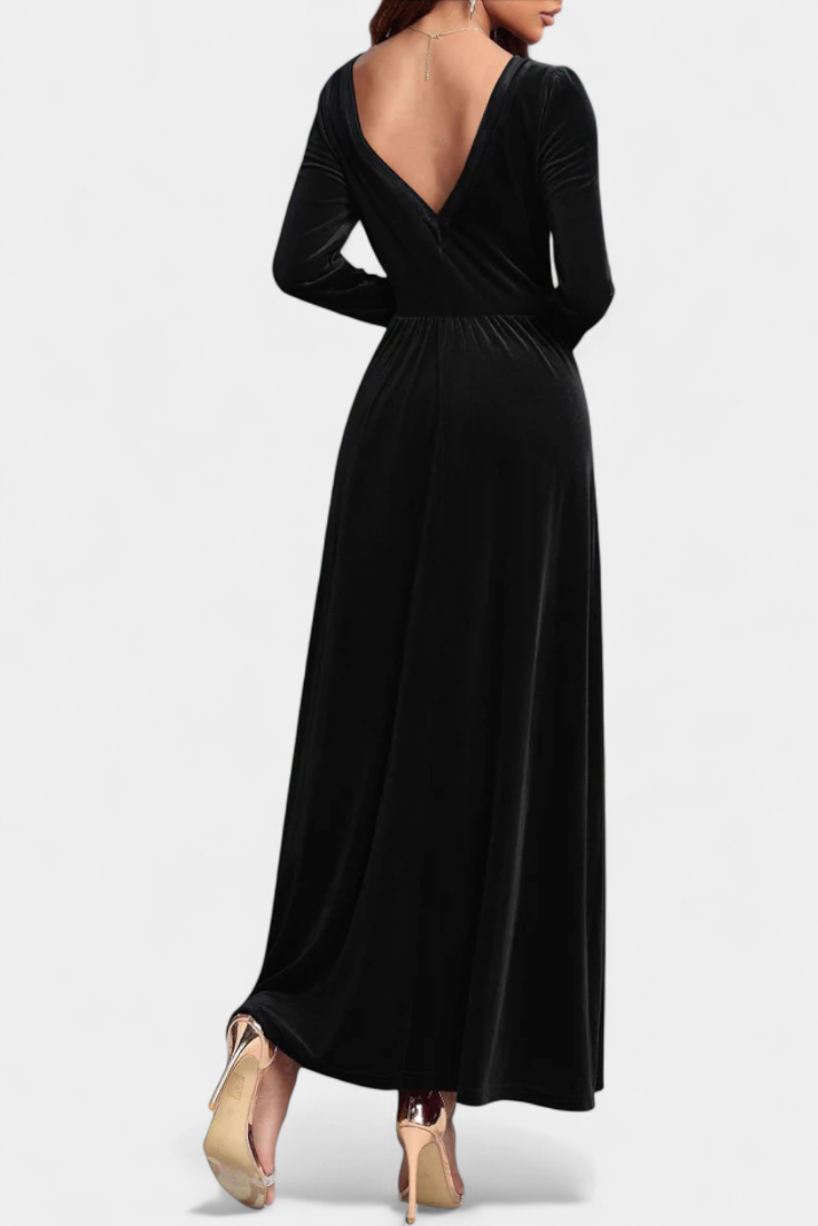Stéphanie Robe Longue en Velours à Dos Nu et Col Carré