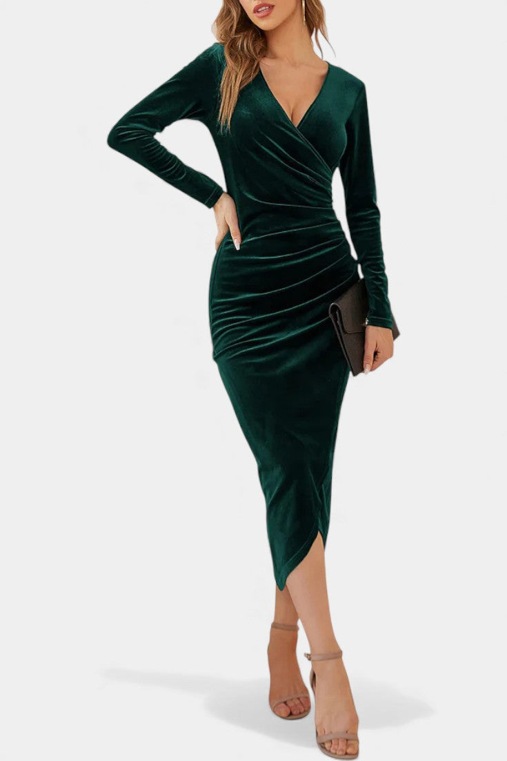 Kenza Robe Midi Cocktail en Velours Froncé