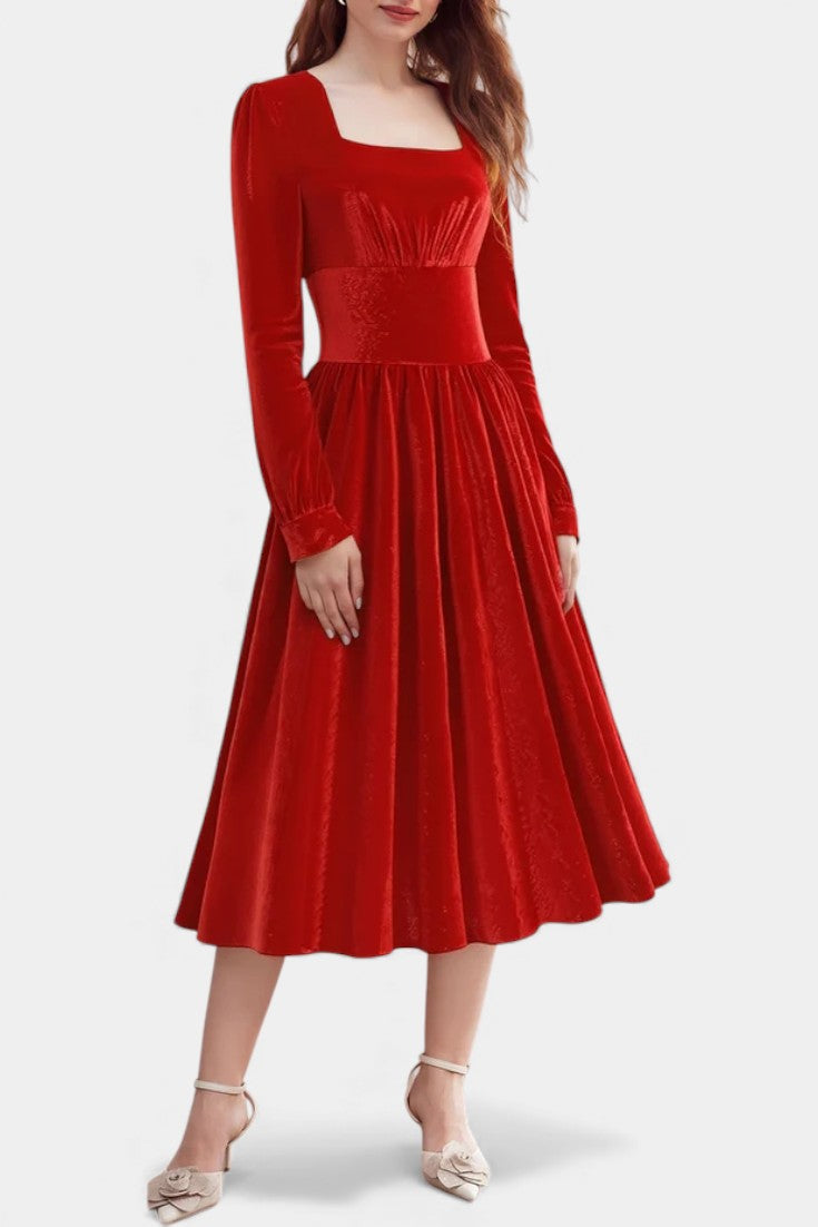 Cordélia Robe Midi de Noël en Velours à Encolure Carrée
