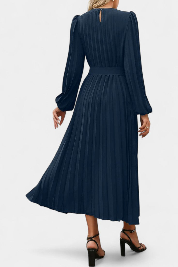 Christelle Robe Longue Plissée à Manches Bouffantes et Ceinture
