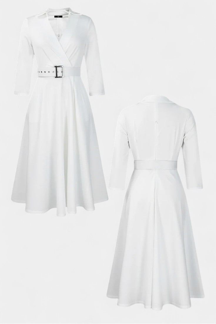 Constance Robe Midi Unie à Col Tailleur et Manches 3/4 Ceinturée