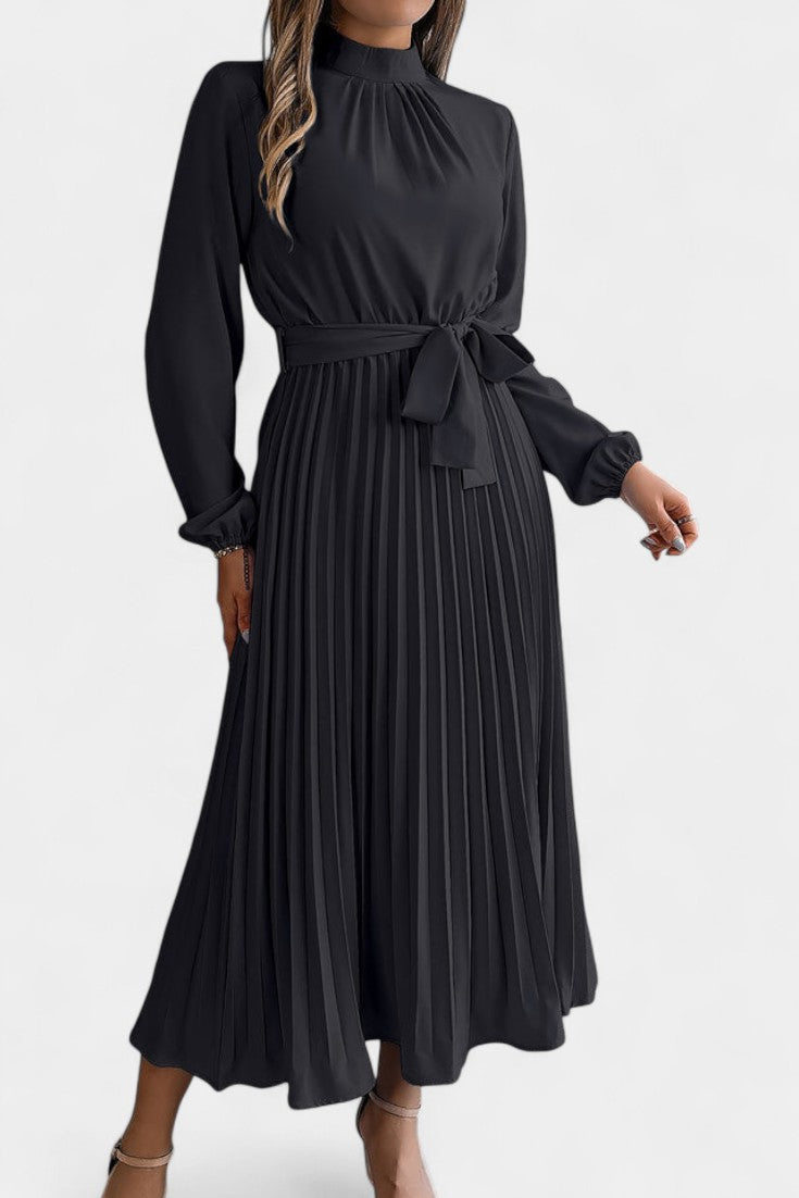 Morgane Robe Plissée à Col Montant Froncé et Taille Nouée