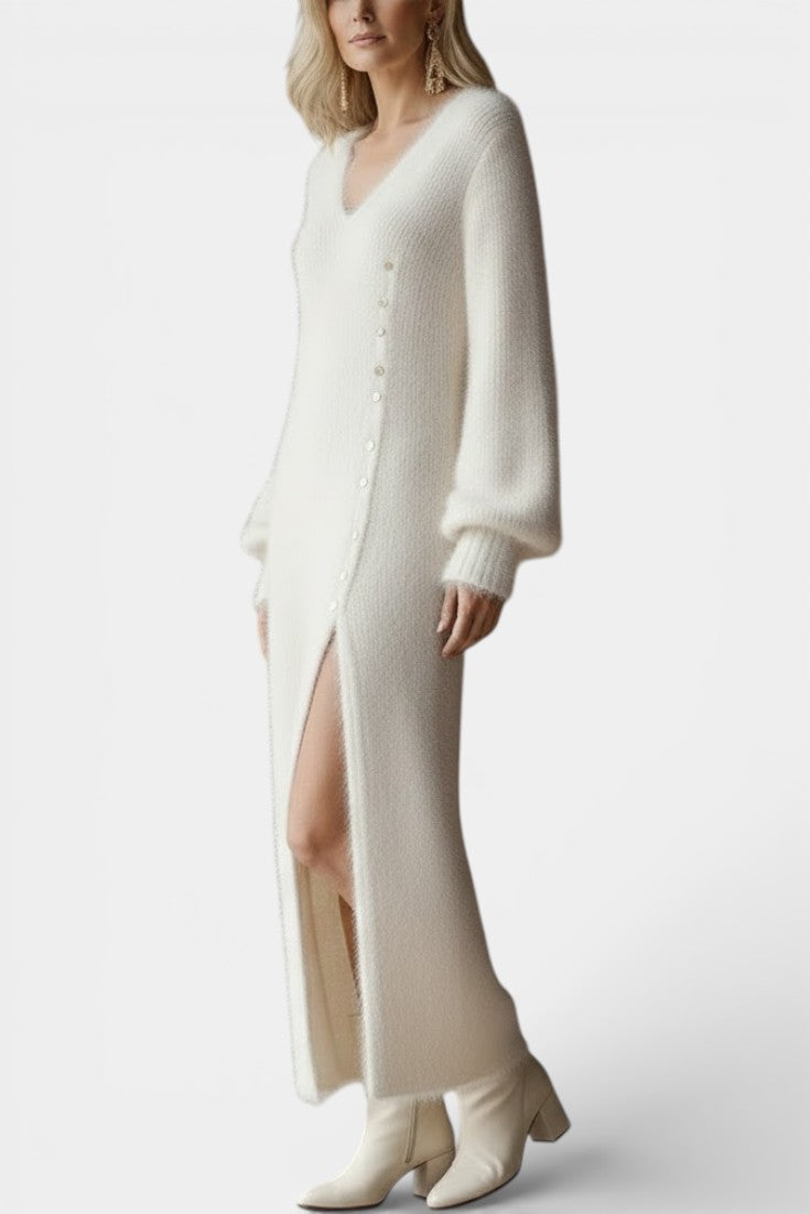 Méthilde Robe Midi Tricotée en Fourrure à Boutons Métalliques