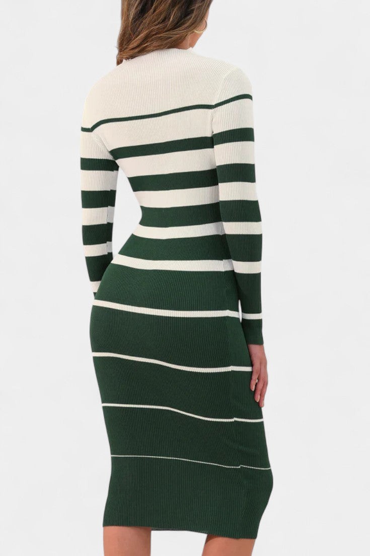 Azelyne Robe Pull Midi Tricotée à Rayures et Coupe Ajustée