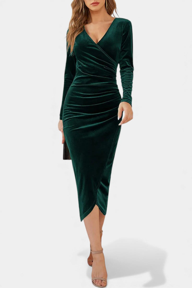 Kenza Robe Midi Cocktail en Velours Froncé