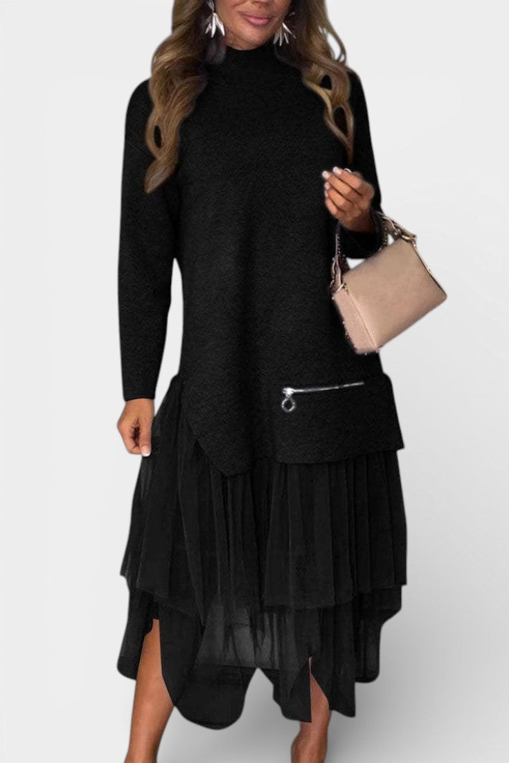 Fiorenza Robe Tricot et Tulle à Col Montant