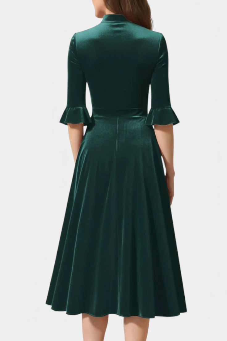 Domitille Robe Midi Vintage en Velours avec Manches Volantées et Nœud Élégant