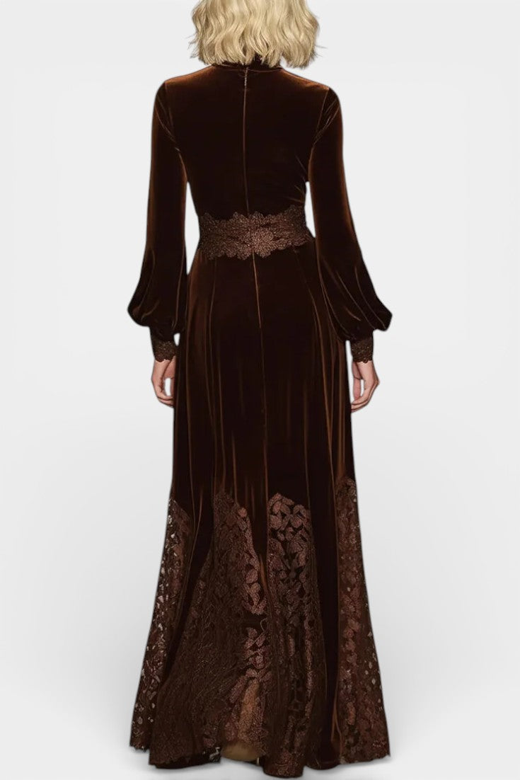 Ravella Robe Maxi en Velours à Dentelle et Manches Bouffantes