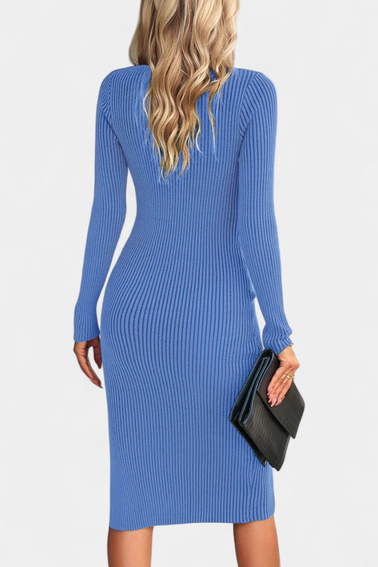 Élarine Robe Pull Midi Côtelée à Fente et Coupe Ajustée