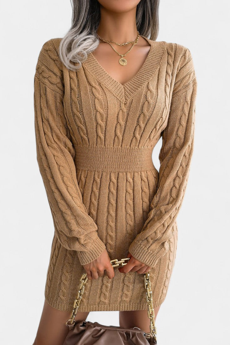 Cléora Robe Pull Mini Près du Corps à Manches Longues en Maille Torsadée