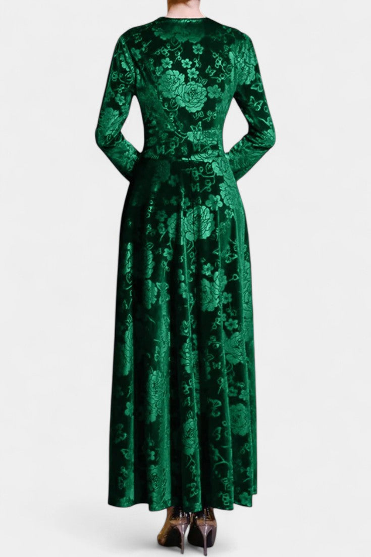 Ombeline Robe Longue en Velours à Col V et Motif Floral Texturé