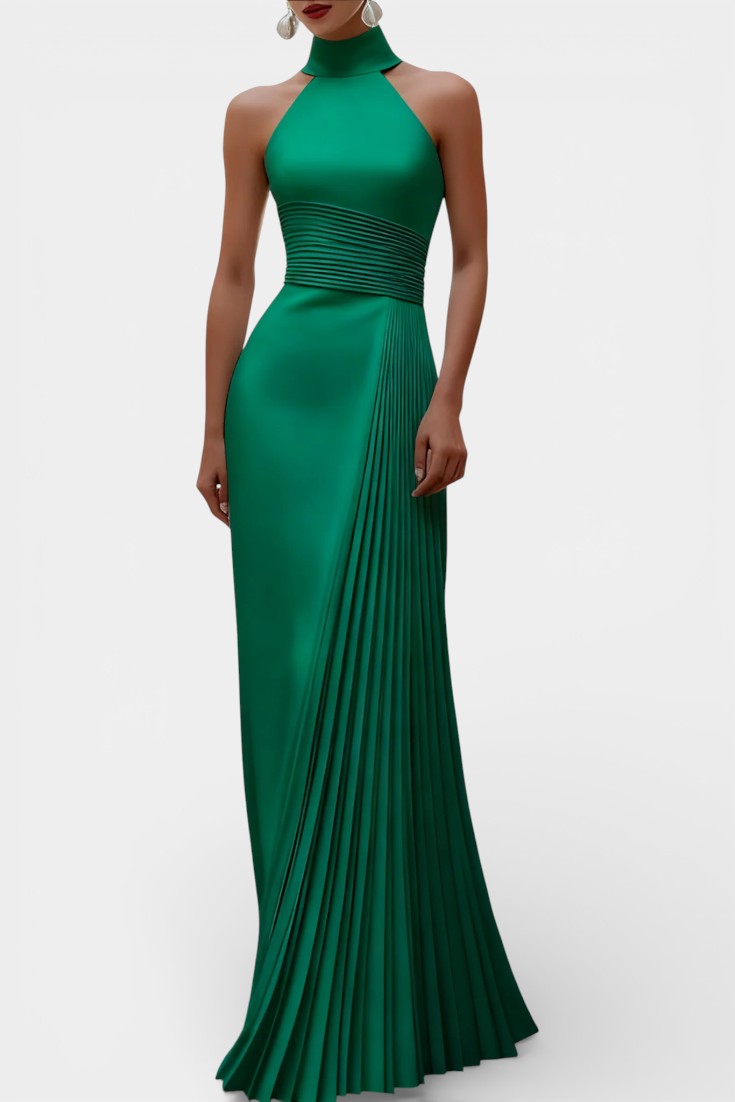 Whitney Robe de Soirée Satinée Plissée à Col Halter
