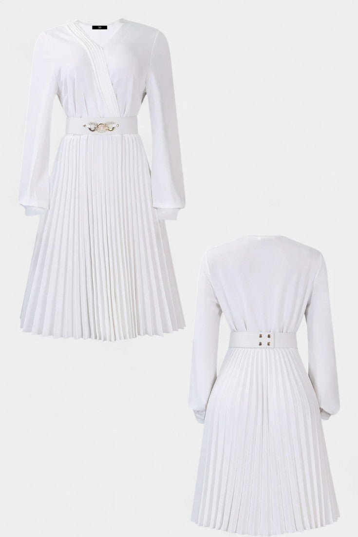 Lucie Robe Midi Plissée à Manches Longues et Ceinture