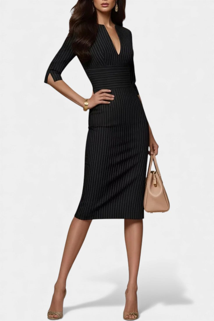 Sibylle Robe Midi Ajustée à Rayures Noires