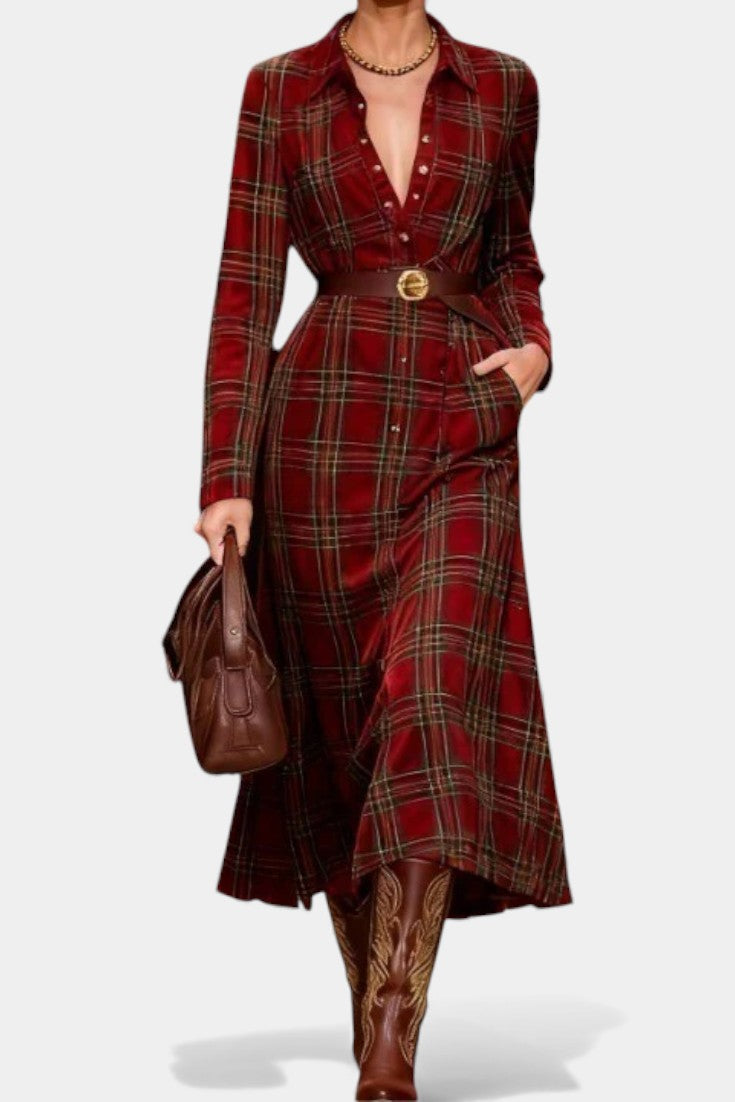 Lise Robe Chemise Longue à Carreaux Rouges avec Ceinture
