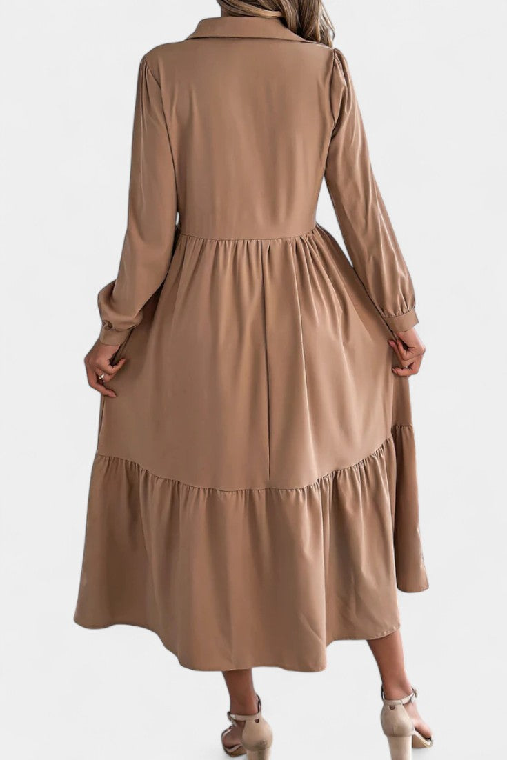 Jessica Robe Chemise Longue à Étages et Manches Longues Boutonnée