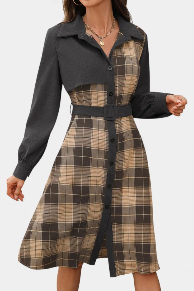 Naïla Robe Chemise Mi-Longue à Carreaux Patchwork Ceinturée