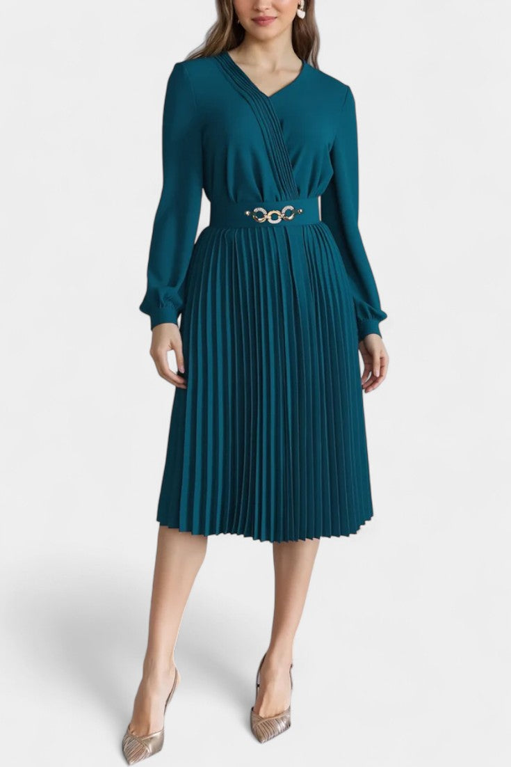 Lucie Robe Midi Plissée à Manches Longues et Ceinture