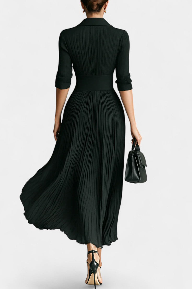 Fébronie Robe Longue Plissée à Col à Revers et Manches Longues