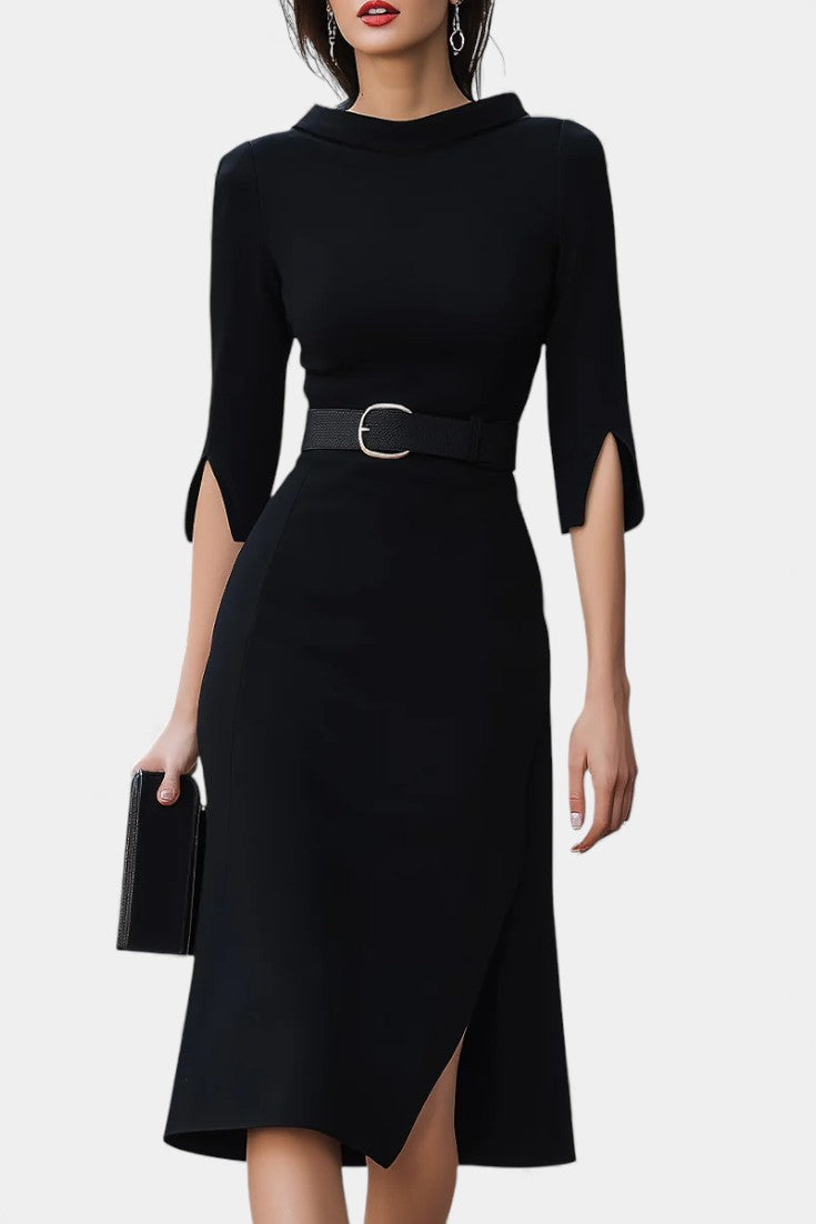 Diora Robe Midi Noire Élégante à Ceinture et Manches Fendues