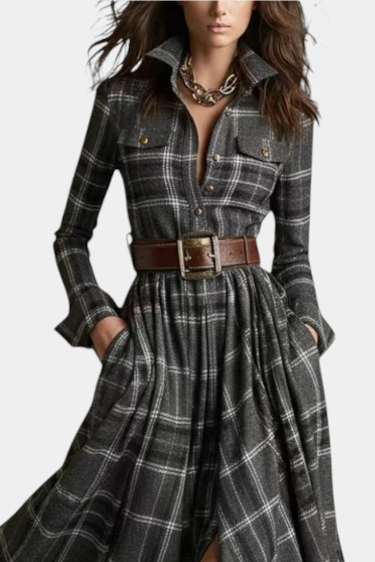 Eustelle Robe Maxi à Carreaux Gris avec Col