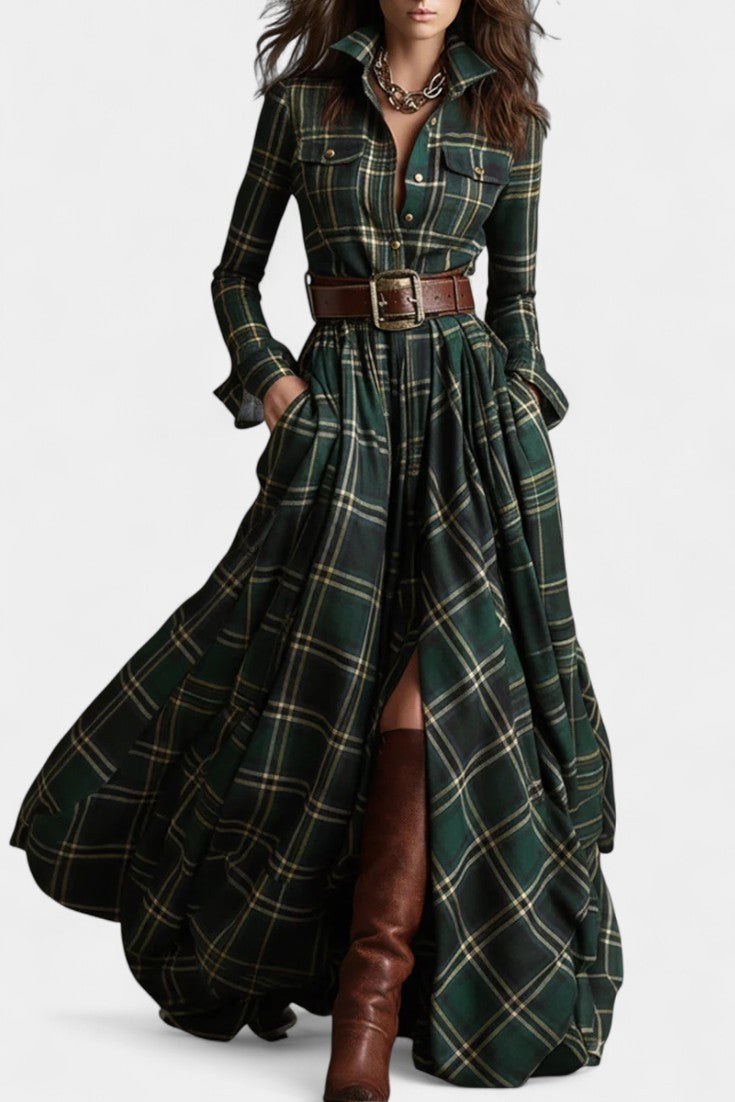 Eustelle Robe Maxi à Carreaux Vert avec Col