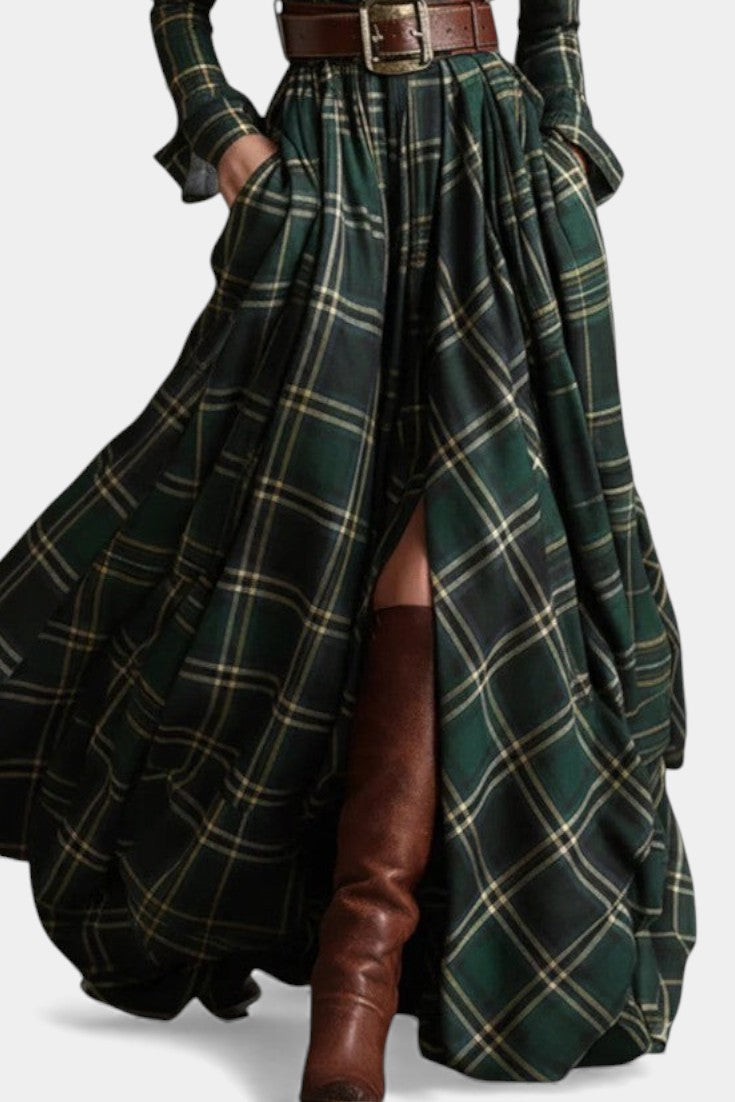 Eustelle Robe Maxi à Carreaux Vert avec Col