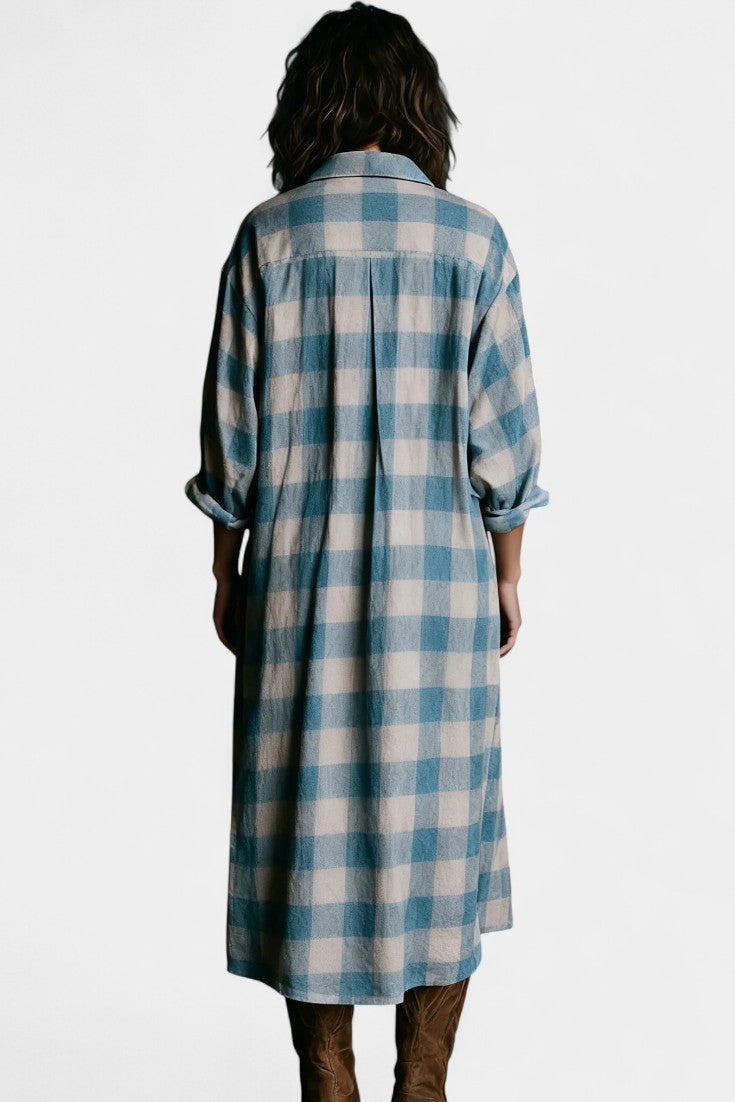 Pacifia Robe Maxi à Carreaux Bleus et Blancs avec Col Chemise