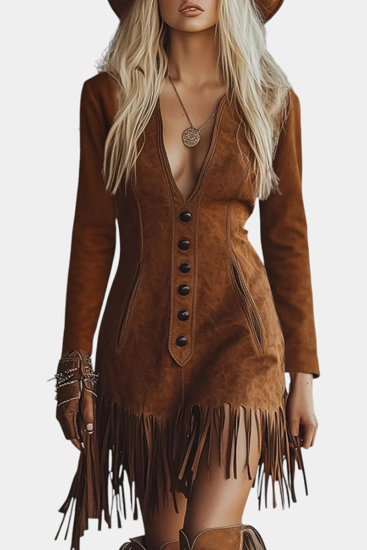 Erminia Robe Longue en Suédine Brune avec Manches et Franges Western