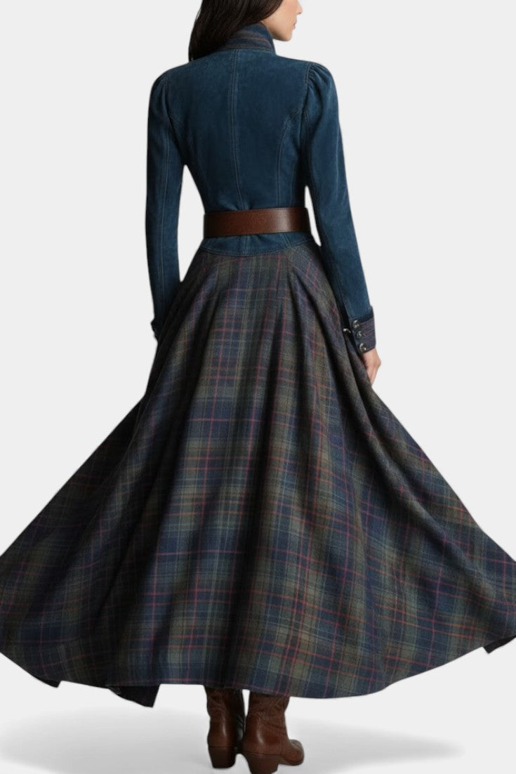 Liza Robe Maxi à Carreaux en Suède au Style Ethnique Rétro