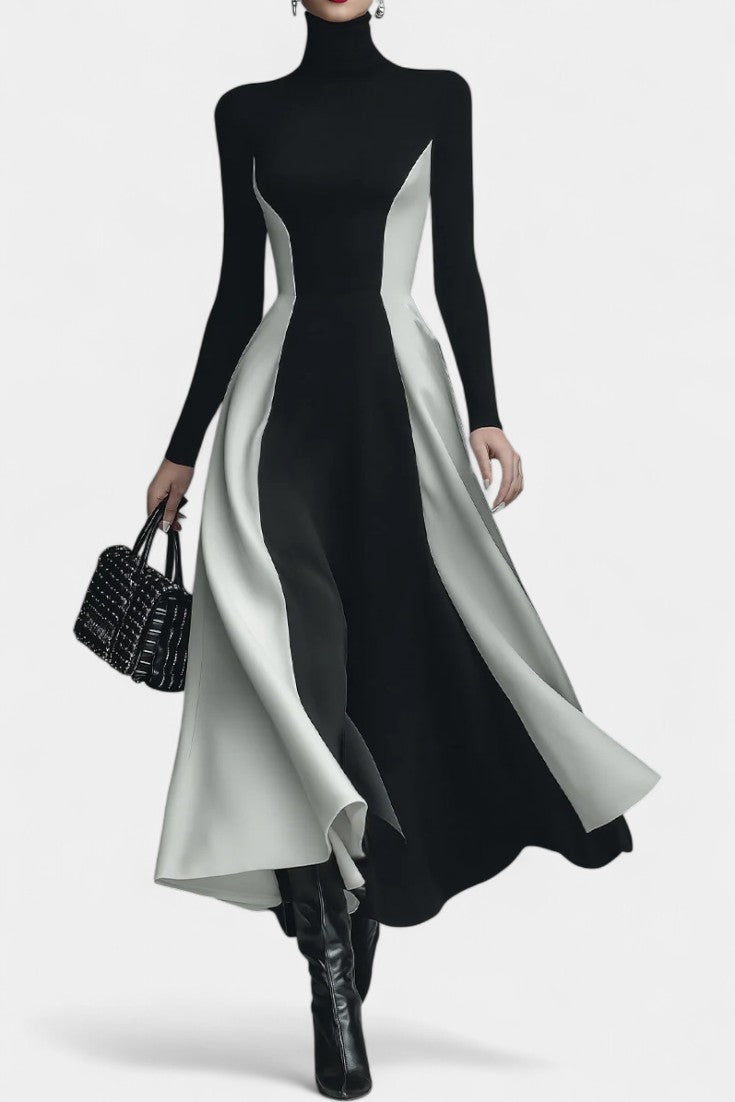 Malaurie Robe Midi Bicolore à Col Montant et Silhouette Évasée