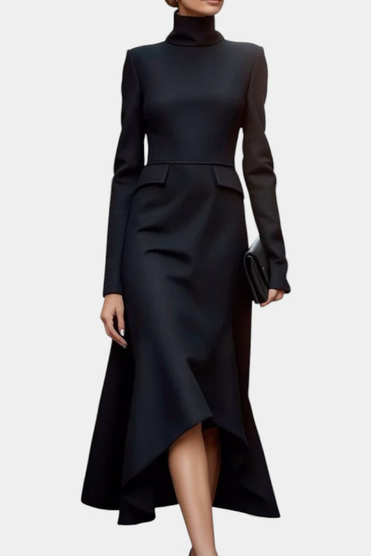Géralda Robe Midi Ajustée à Manches Longues et Col Montant