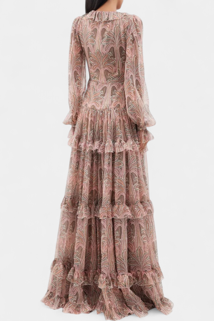 Ayla Robe Longue Volantée à Décolleté en V et Imprimé Paisley Bohème