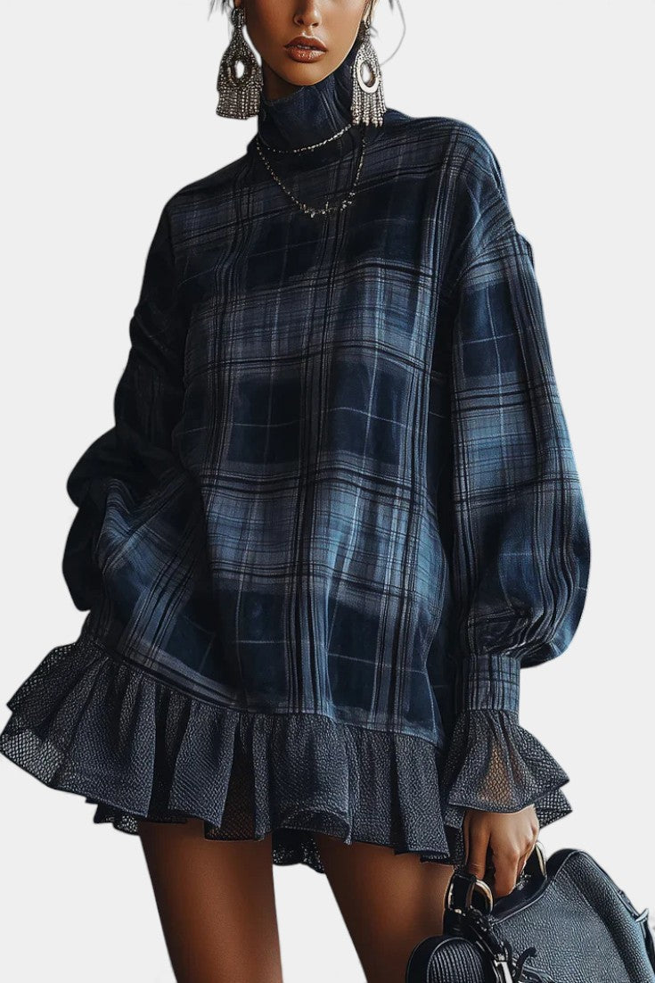 Alvetina Robe Mini à Col Montant en Maille à Carreaux Bleus