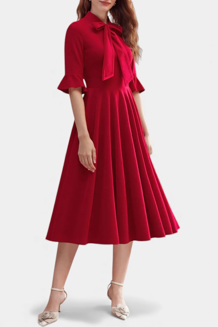 Domitille Robe Midi Vintage en Velours avec Manches Volantées et Nœud Élégant