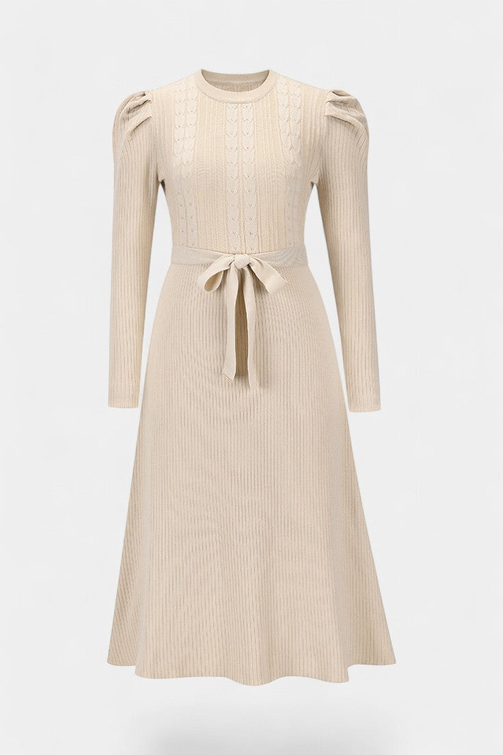 Évoria Robe Pull Midi Tricotée à Manches Bouffantes et Détail Lacé