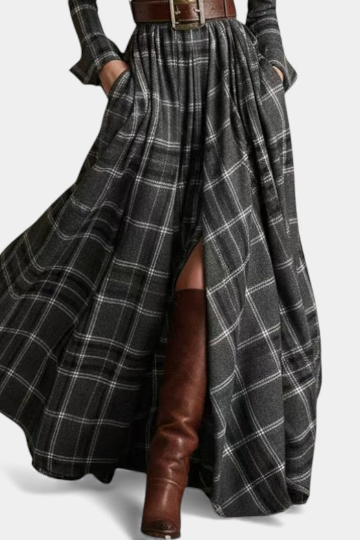 Eustelle Robe Maxi à Carreaux Gris avec Col